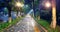 Wide angle view of green tree alley and pedestrian brick road in