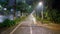 Wide angle view of green tree alley and pedestrian brick road in Chinese Shenzhen