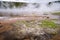 Wide angle view of a hot spring thermal feature inside of Yellowstone National Park