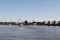 Wide angle view at the muehlheimer bridge and the riverbank in cologne germany