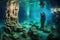 wide-angle view of mysterious cave formations underwater