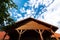 Wide angle view, roof over wooden patio