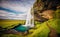 Wide angle view of the Seljalandsfoss Waterfall in Iceland