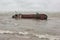 Wide angle view of tanker dramatic shipwreck on the beach of Odessa city