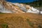 Wide angle view of the terraces of Mammoth Hot Springs in Yellowstone National Park
