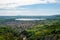 Wide angle view of the village of Cheddar with reservoir near Cheddar George, Somerset, UK