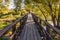 Wide angle wooden bridge over river