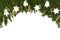 Wide arch shaped Christmas border isolated on white, composed of fresh fir branches, cones and wood decorations