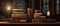 wide banner of old vintage library stack of antique books on old wooden table in fantasy medieval period with copyspace,