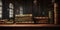 wide banner of old vintage library stack of antique books on old wooden table in fantasy medieval period with copyspace,
