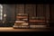 wide banner of old vintage library stack of antique books on old wooden table in fantasy medieval period with copyspace,Generative