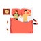 Wide bed with side table and sleeping couple, flat vector illustration isolated.
