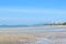 The wide corners of the morning beach with buildings in Thailand.