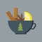 Wide cozy cup with mulled wine, hot drink with cinnamon, anise and citrus fruit, decorative cup with a picture of a green