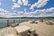 A wide deck along the floating boardwalk of the lake at Coeur d`Alene Idaho, USA