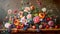 Wide format colorful artistic still life banner with flowers and fruits on a table