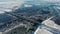 Wide frozen river and bridge with a bird`s-eye view.