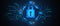 Wide glowing blue padlock hologram on blurry background. Internet, information, technology and security concept.