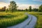 wide gravel path winding through a serene meadow