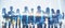 Wide image of businesspeople silhouettes standing on abstract night city background with forex chart. Teamwork, trade and