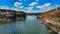 Wide image of Omkareshwar Jyotirlinga a shiv temple on Omkar mountain an island in Narmada, Madhyapradesh, India