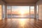 Wide large window oak wooden room gallery opening to beach sunset landscape. Template for product presentation