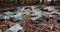 Wide lens shot: Debris from medical masks and plastic lies on the ground in the forest