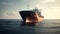 A wide-lens view of a huge shipping cargo ship in the open sea.