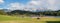 Wide mountain landscape lake Geroldsee, wooden barns, Karwendel mountain view