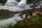 Wide panorama of Beautiful Krka waterfalls at Skradinski buk viewed from the viewpoint in cold winter setting. No people visible