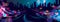 Wide panorama big city nightlife with street lamps and bokeh blu
