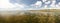 Wide panorama of empty shore, low water on sand with sea kelp an