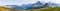 Wide panorama of Grindelwald valley and Swiss Alps. Mountain range of peaks Eiger, Wetterhorn, Schreckhorn, Monch