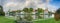 Wide panorama of the historic old town of Luebeck at the river Trave in northern Germany, Baltic Sea, copy space in the cloudy