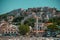 Wide panorama of ulcinj small beach and beachfront, houses in th