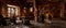 Wide panoramic view of the bar area in a fantasy medieval tavern with open fire in the background. 3D rendering