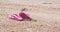 Wide photo of a pair of Red slippers left on top of the brown sand in a beach resort during summer day