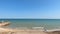 Wide photo of professional wind surfer practice on the sea. Azov sea, Russia - July 25.2021