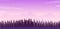 Wide realistic illustration of mountain landscape with forest and trees. Purple night sky