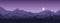 Wide realistic illustration of mountain landscape with forest and trees. Purple night sky with moon or sun, vector