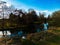 a wide river in the middle of a forest filled field