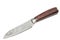 A wide sharp kitchen knife with a polished brown wooden handle.