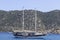 Wide shoot of wooden travel yacht sails on the Mediterranean sea