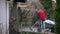 Wide shot of African American man sweeping dirty path at backyard with construction materials around. Side view of