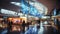 A wide shot of a busy airport with planes taking off and landing, and people rushing to catch the