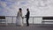 Wide shot of cheerful excited African American newlyweds dancing in slow motion on summer bridge outdoors. Happy