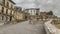 Wide shot of coastal antique houses in Hondarribia, Spain on a cloudy day