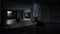 Wide shot energetic artistic dance of slim ballerina rehearsing in front of mirror in dance studio in darkness. Talented