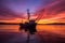 wide shot of fishing trawler silhouette against colorful dusk sky
