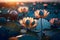 wide shot of a group of lotus flowers floating in a blue water, with the sun setting in the background (AIgen)